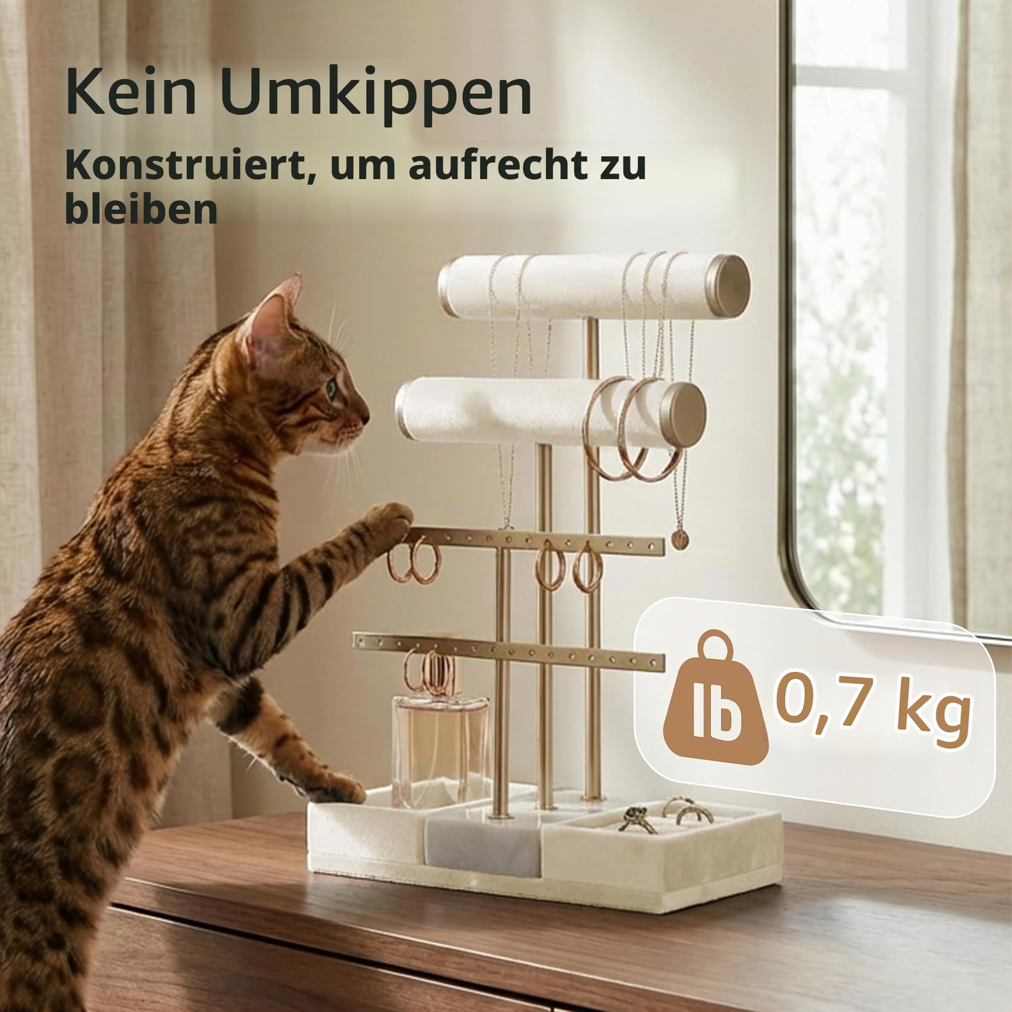 KES Schmuckständer Marmor mit schwerem Marmorsockel, 3-stufiger Schmuckhalter Organizer für Armbänder, Halsketten, Ohrringe, Ringe und Uhren, T-Bar Schmuckaufbewahrung Display, Beige, JTR500-WH