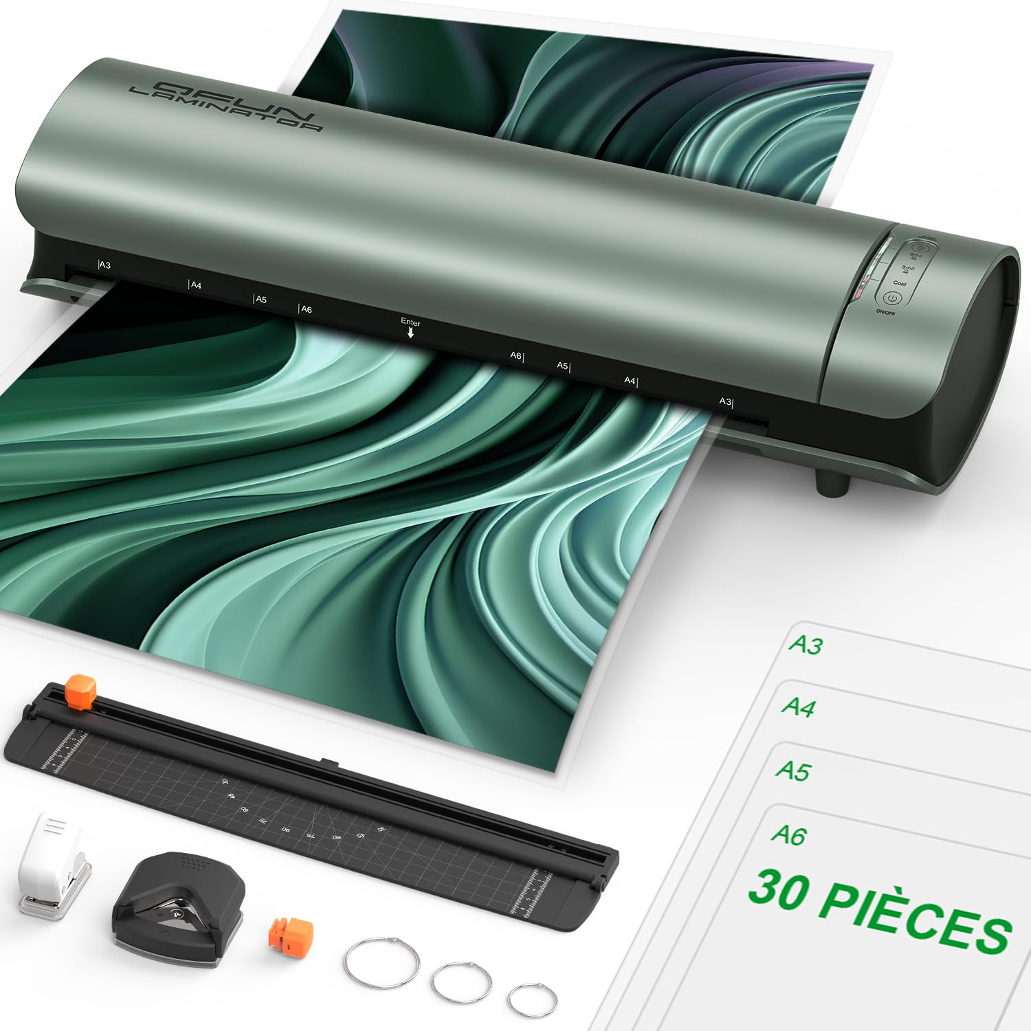 Plastifieuse A3 9 en 1 Chauffage Rapide Machine à Plastifier Thermique et Froid avec 30 Pochettes A3 A4 A5 A6 Papier Massicot Arrondisseur