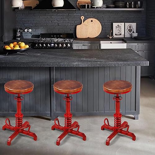 Miniatura 8 de Topower Industrial Retro Vintage Farm Asiento de madera Tractor Taburete Cocina Giratorio Altura Ajustable Taburete de bar Rojo Antiguo