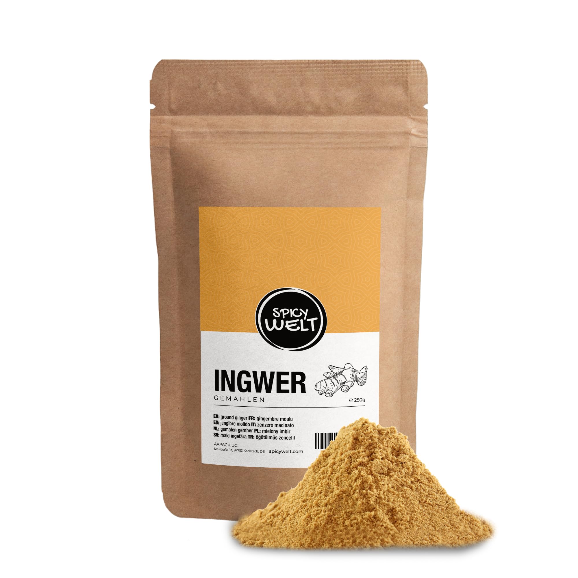 Spicy Welt Ingwer Pulver (250g) – Ingwer Gemahlen | Für Tee, Curry, Goldene Milch & Weihnachtsgebäck | Zitronig-Scharf & Wärmend | 100% Naturrein, Ohne Zusatzstoffe