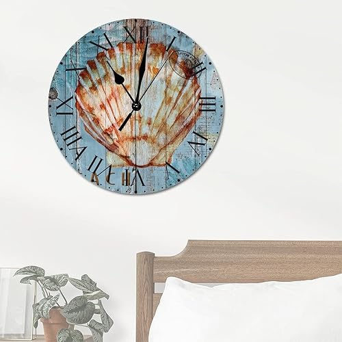 Miniatura 66 de ArogGeld Reloj de pared de PVC de mediados de siglo, concha, números de playa, estilo océano con números romanos de 10 pulgadas, funciona