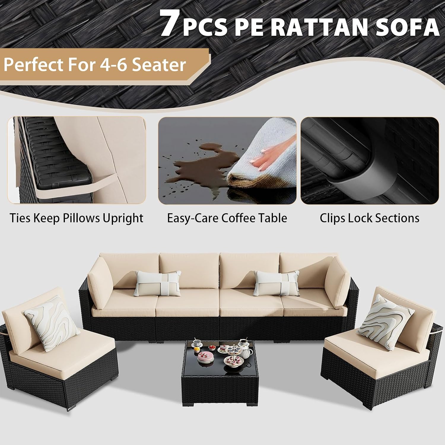KIGOTY 7-Piece Patio Furniture Set, All-Weather PE Rattan Outdoor Sectional Sofa, Modular Wicker Conversation Set with Thick Cushions & Easy-Clean Coffee Table（Black/White）