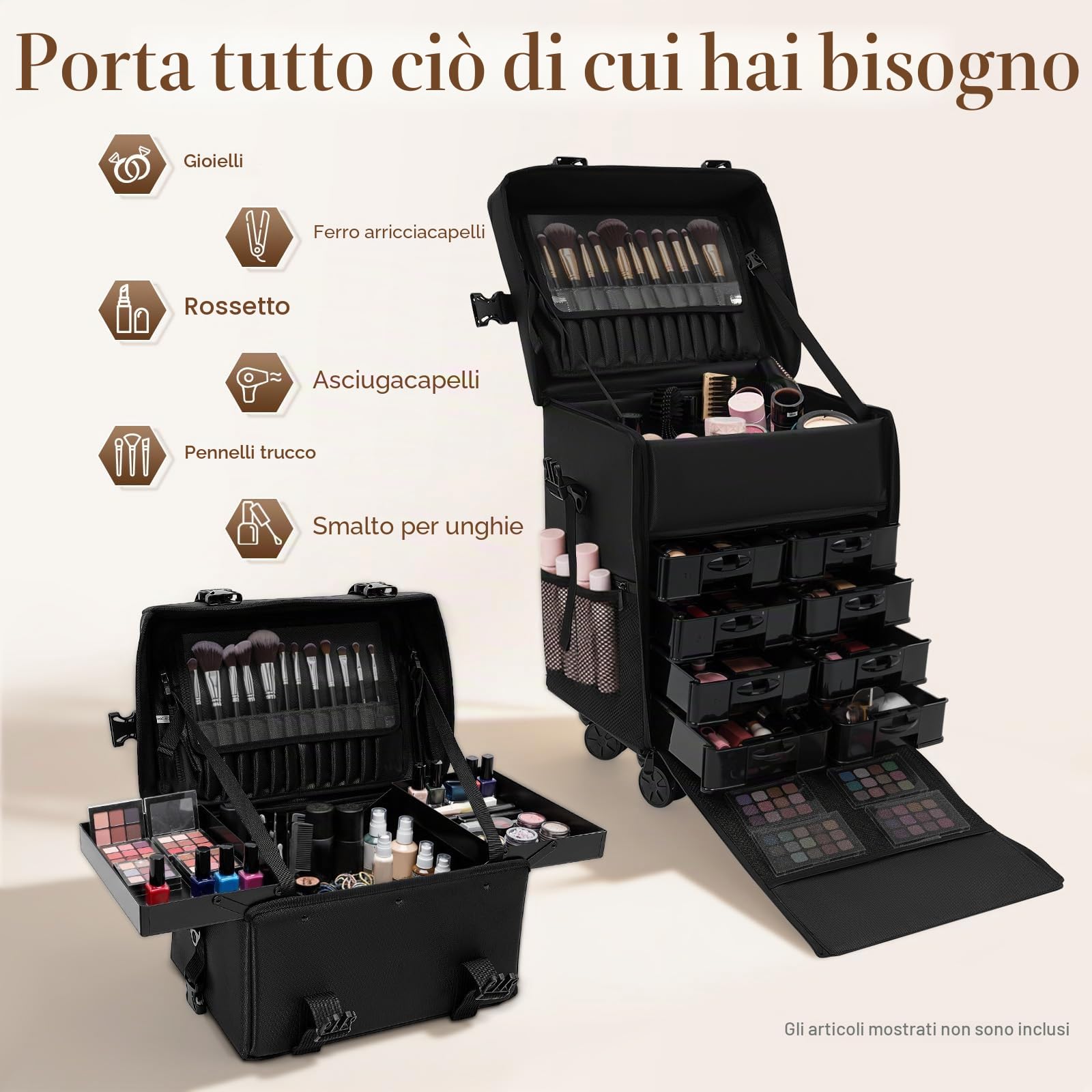 Beauty Case 2 in 1 Professionale Con 8 Cassetti e Ruote, Valigetta per Il Trucco da Pilota, Trolley da Viaggio, Nero, Nylon