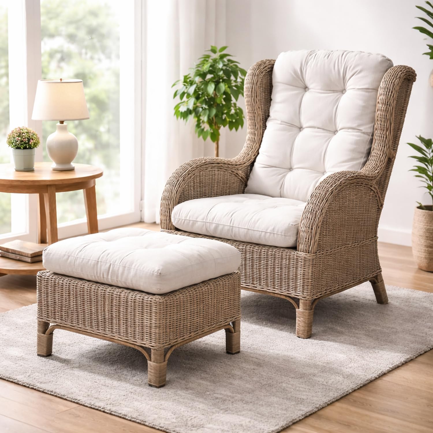 Mojawo Luxus Relaxsessel Korbsessel Ohrensessel mit Fußhocker aus Rattan, inkl. Polster in beige Gartensessel Rattansessel mit Hocker Küche, Haushalt & Wohnen