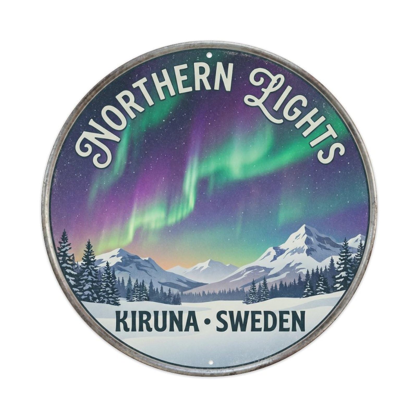 Cmhok Vintage Style-10 Vintage Travel Aurora Sweden Artwork Metal Tin Sign Plaque Wall Decor For Cafe, Club, Garden Round Metal Poster 8X8inch