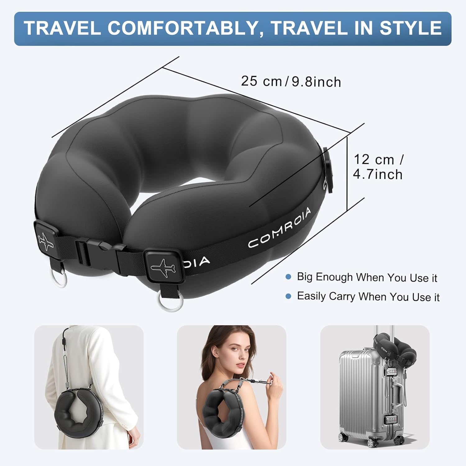 Travel Neck Pillow for Airplane Sleeping – 360° Head Support Prevents Bobbing, 100% Memory Foam Ergonomic Neck Cushion with No-Case-Needed Carry Strap for Long Flights & Car – Washable Cover (Black) - Image 3