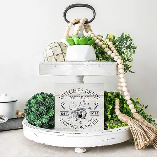 Miniatura 5 de Cartel de madera de café rústico de brujas para preparar café, caja de madera, letrero de Halloween, decoración de estante de escritorio para casa