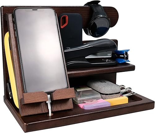 Regalos para hombres estación de acoplamiento para teléfono organizador de mesita de noche estante de almacenamiento de escritorio con madera maciza