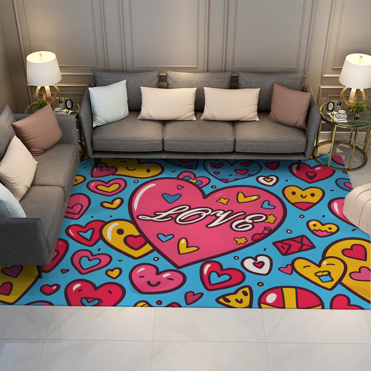 Tappeti per soggiorno Tappeto lavabile Cartoni animati blu e rosa per sala da pranzo Camera da letto Nursery Home Cuore d'amore antiscivolo Moquette a pelo basso 140x180cm