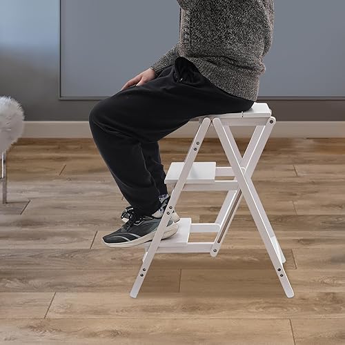 Miniatura 8 de Taburete de escalera para adultos, taburete plegable de madera portátil de 3 escalones, taburete ligero para biblioteca y cocina, 220 libras, color