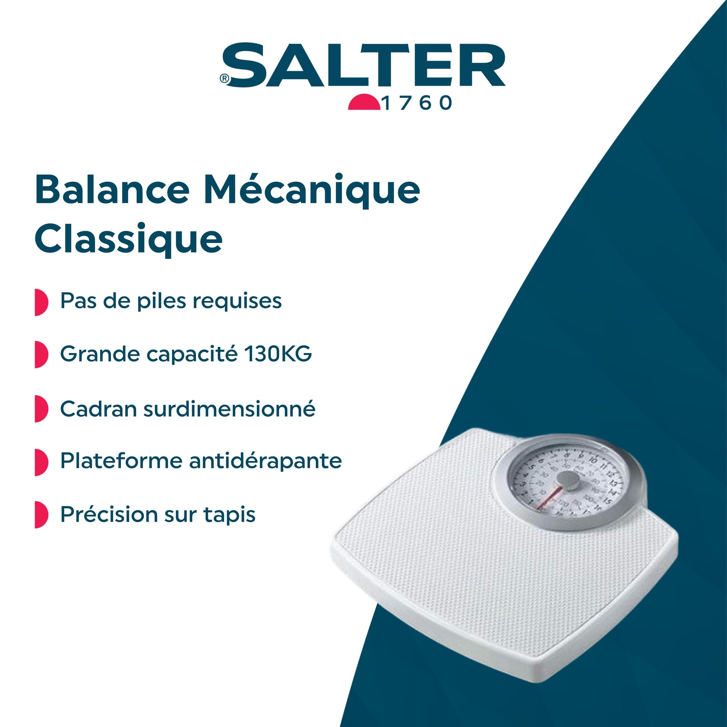 Salter 144 WHSVDR Pèse Personne Mécanique - grand cadran facile à lire, Max 130Kg, pèse-personne analogique de poids, Balance de salle de bain, Surface Antidérapante, rétro de conception classique