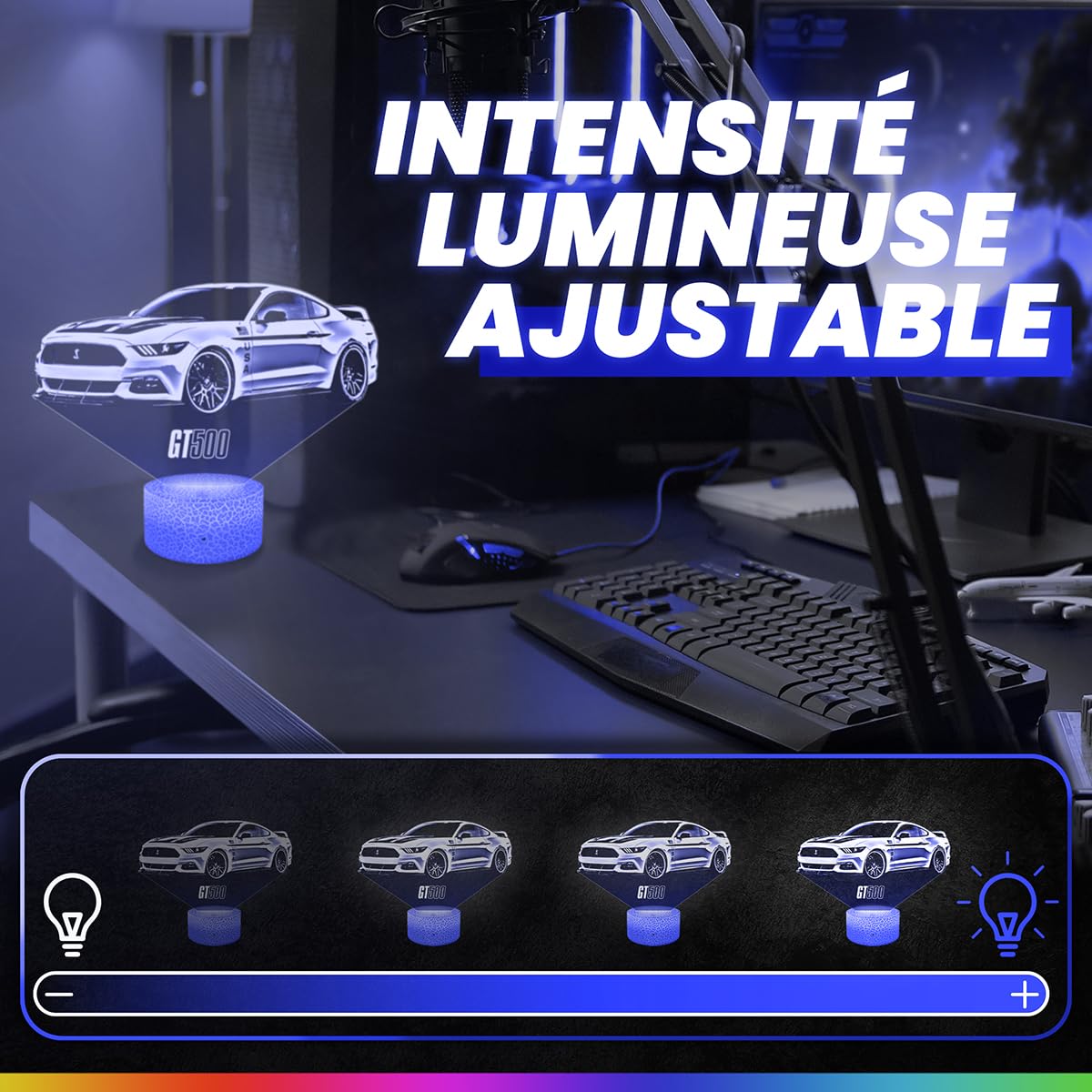 Lampephoto.fr - Lampe 3D Voiture Américaine Supercar, Idée Cadeau Fan Automobile, Veilleuse Tactile Led Illusion, Effet Hologramme 3D, Idée Cadeau Noël Anniversaire Garçon et Fille TOP