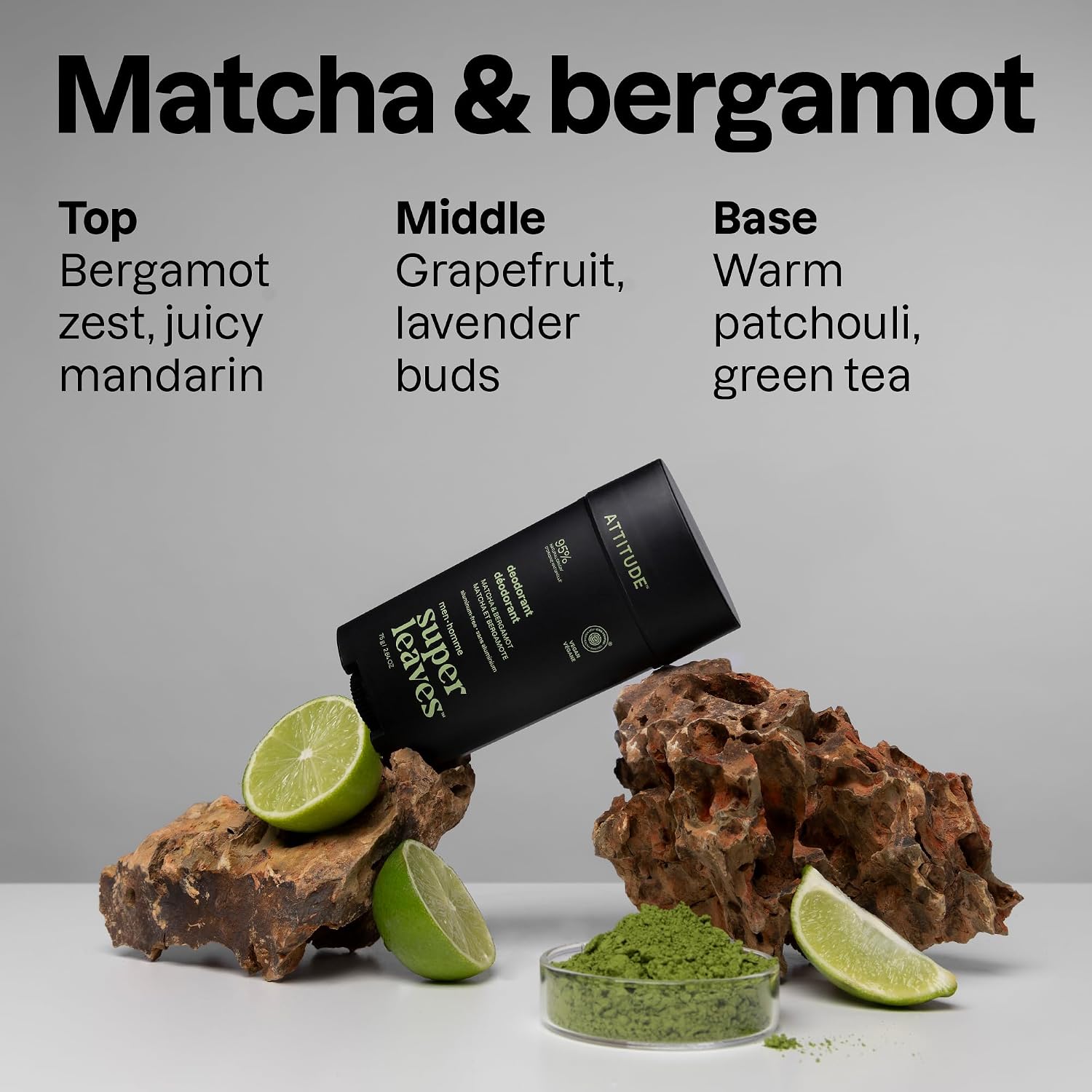 ATTITUDE 48 Hour Men's Deodorant, Aluminum Free, Matcha & Bergamot