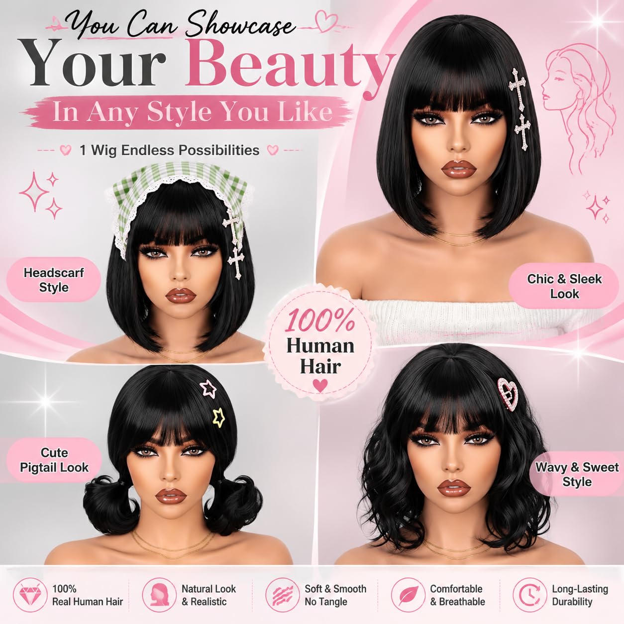 Straight Bob Wig Human Hair with Bangs, Glueless 2x4 HD Lace Closure