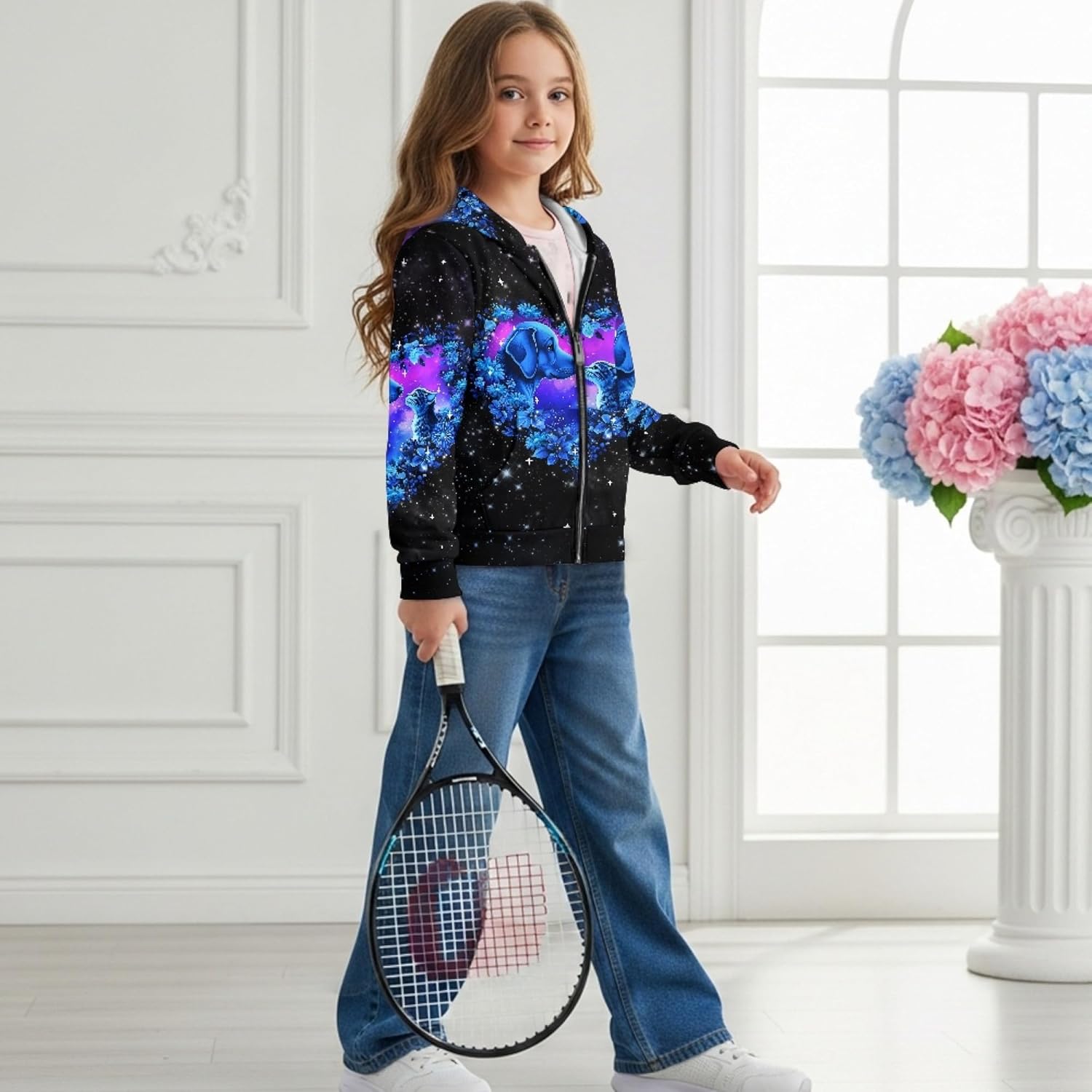 AmzPrint Oversized Girls Zipper Hoodie Long Sleeve Holiday Pullover Back To School Hoodies For Toddler Girls