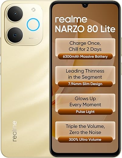 realme NARZO 80 Lite 4G (Beach Gold, 4GB+64GB) | 6300mAh Segment's Biggest Battery | 7.94mm Slim Design | 300% Ultra Volume | Pulse Light: 9 Colors, 5 Glow Modes | Ai Assist