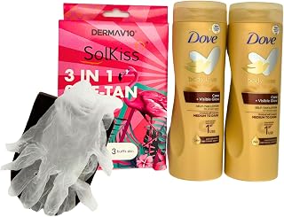 Dove Body Love Care Self-Tan Lotion Medium to Dark, 2x 400ml Bottles, with Solkiss Derma Washable Tanning Mitt - Gradual, Nourishing Glow, by Eliseha