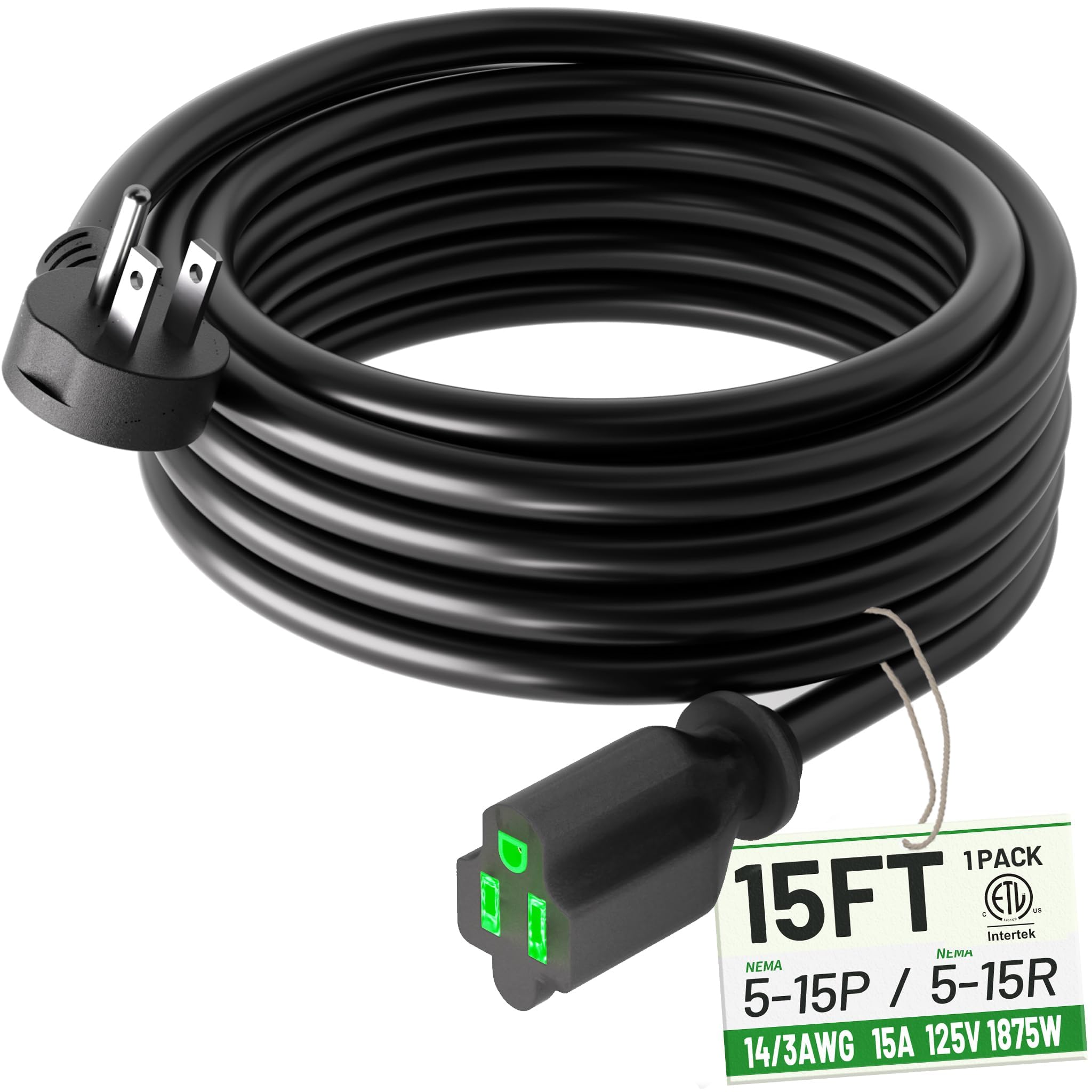 POWGRN 15FT 14/3 Black Flat Plug Extension Cord, Low Profile Indoor