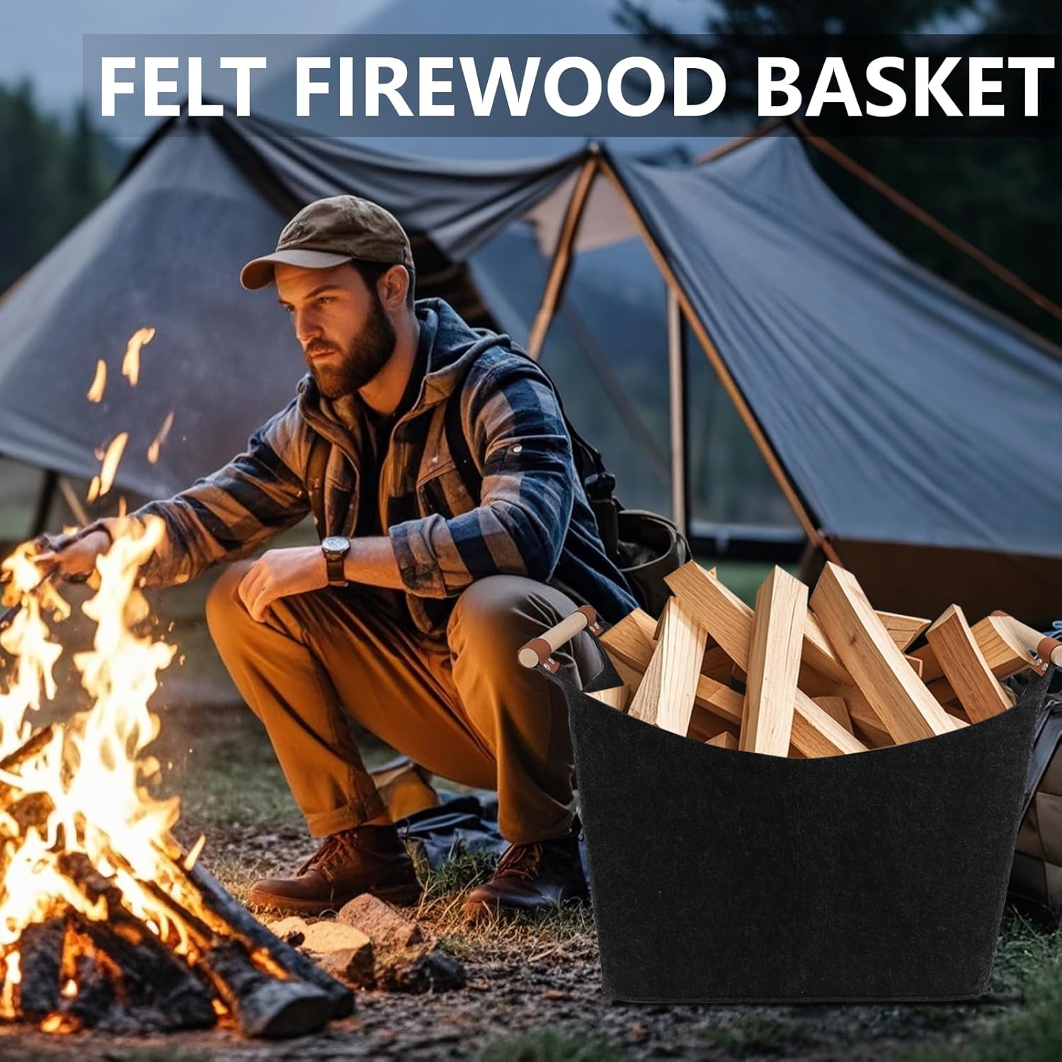 Firewood Carrier with Wooded Handles,Felt Firewood Basket and Front Pocket Multipurpose Foldable Large Capacity Carrier Storage Bag （2pcs）