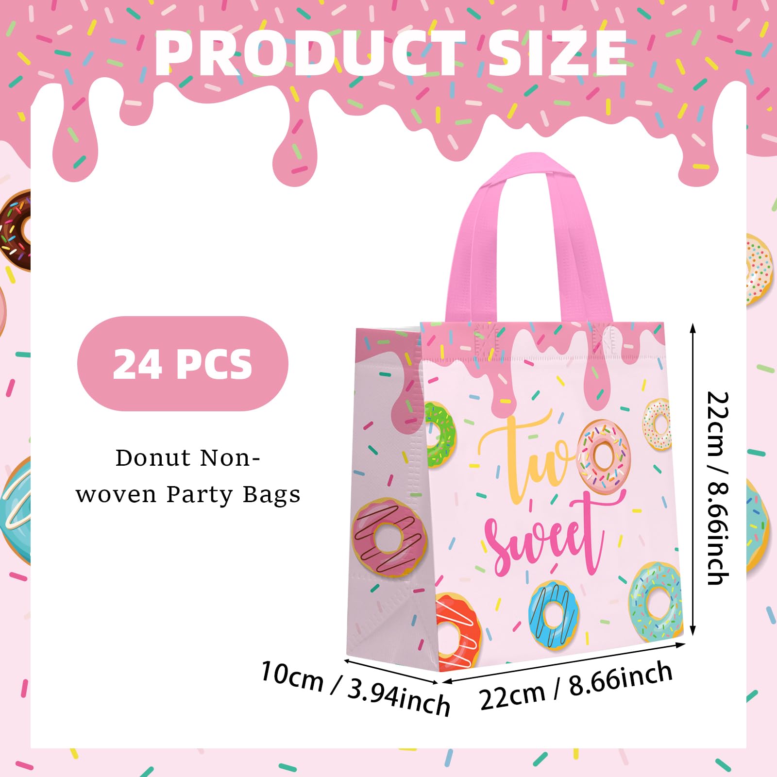 KERINGO 24 PCS Two Sweet Goodie Bags for Two Sweet Birthday Party Supplies Donut Party Favor Bags Donut Non Woven Candy Goodie Treat Bags for Two Sweet Party Favors Kids
