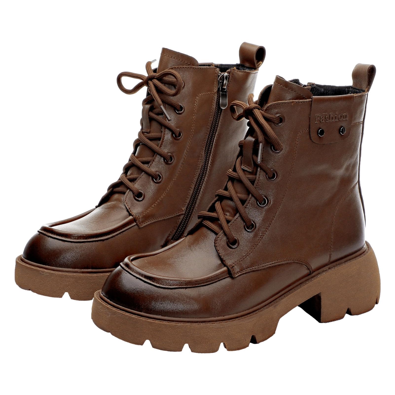 rismart Femmes Lacets Bottines à chevilles avec Zip Talon Grossier Bout Rond Cuir Bottes de Combat