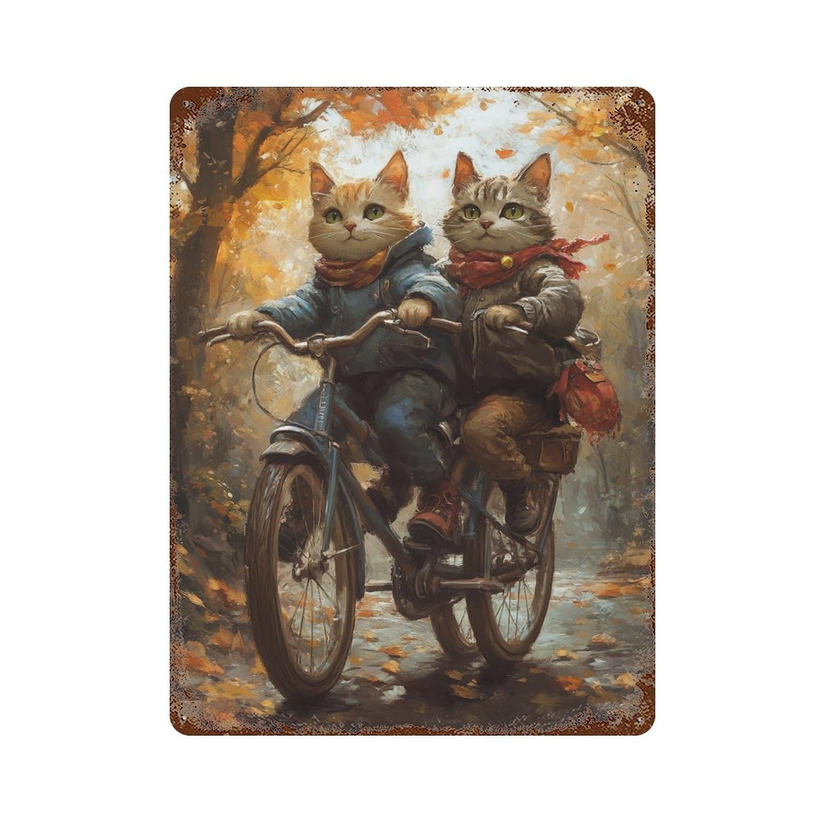 Cats Riding Bicycle Autumn Scene Aged Metal Wall Plaque 15.7"x11.8", for Pub, Kitchen And Man Cave Decor, Decorative Metal Wall Art