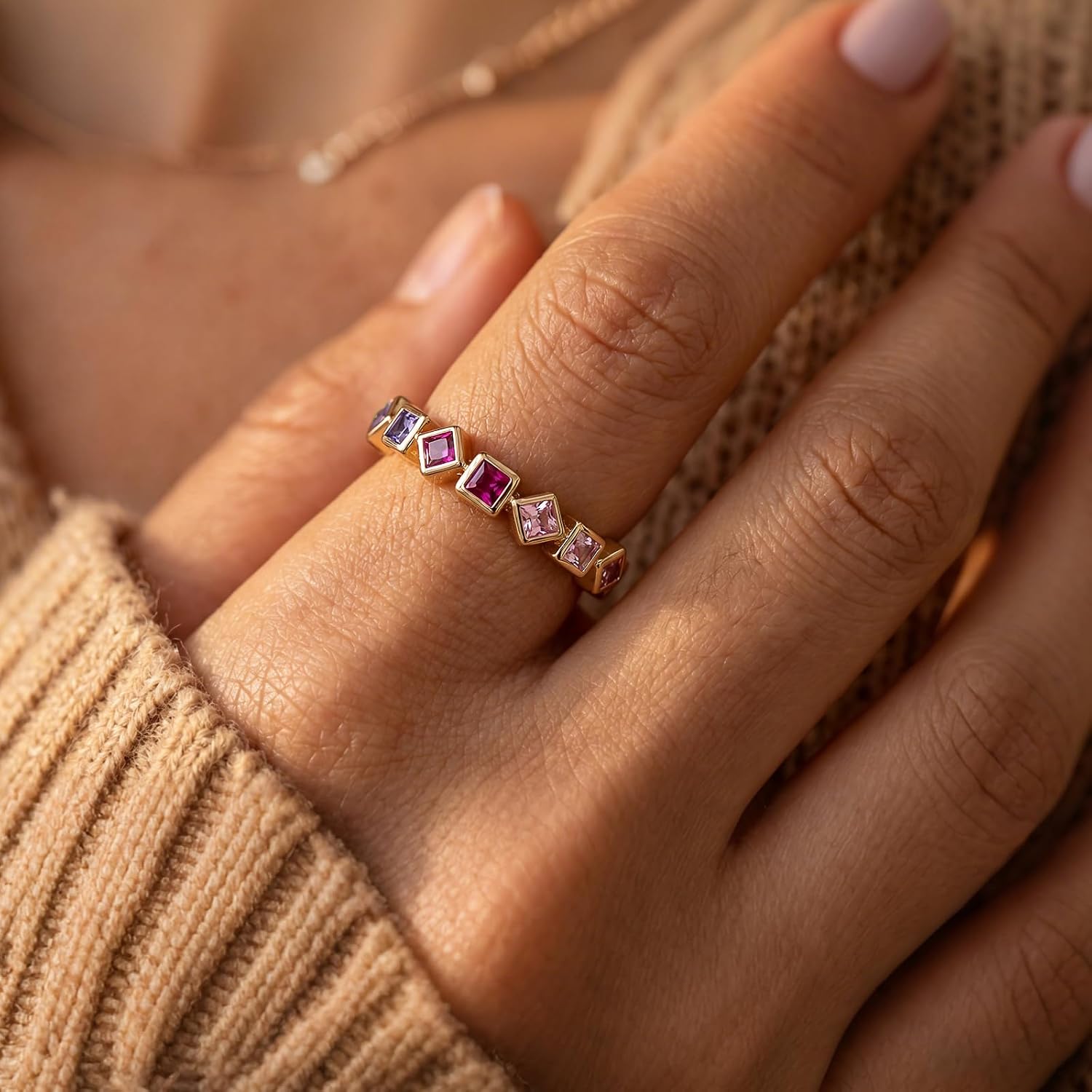 SAVORI Adjustable Gold Plated Ombre CZ Band Ring for Women, 925 Sterling Silver Stackable Half Eternity Ring with Square-Cut Multicolor Stones, Hypoallergenic Minimalist Statement Ring, Everyday & Bridal Jewelry Gifts