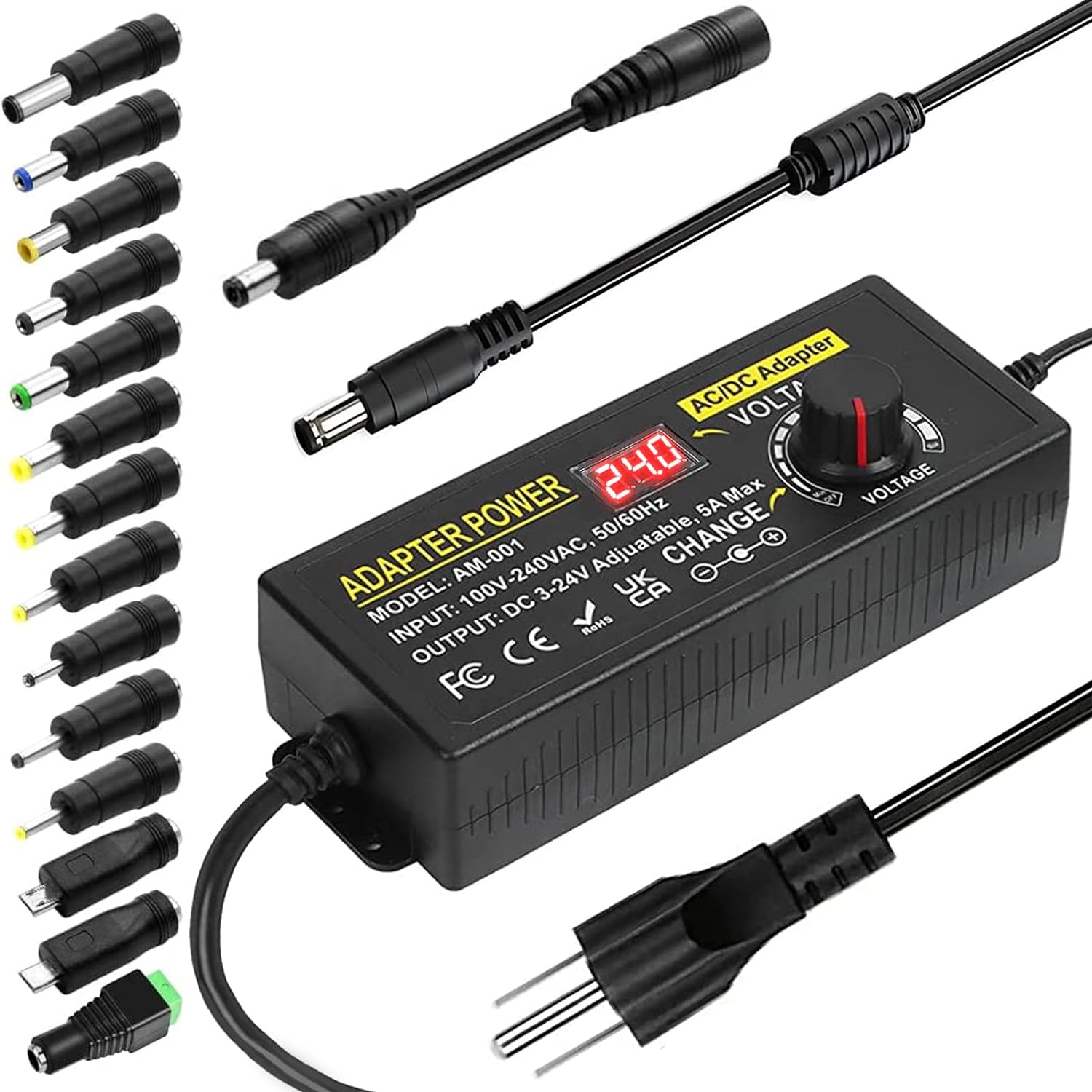 Adjustable Power Supply 3V~24V 5A 120W Universal 100V-240V AC/DC Power Adapter Converter 8V 12V 15V 18V 19V 20V 24V Power Supply with 14 DC Tips&Polarity Converter for LED Strip Light Printer Speaker Adjustable Power Supply 3V~24V 5A 120W Universal 100V-240V AC/DC Power Adapter Converter 8V 12V 15V 18V 19V 20V 24V Power Supply with 14 DC Tips&Polarity Converter for LED Strip Light Printer Speaker