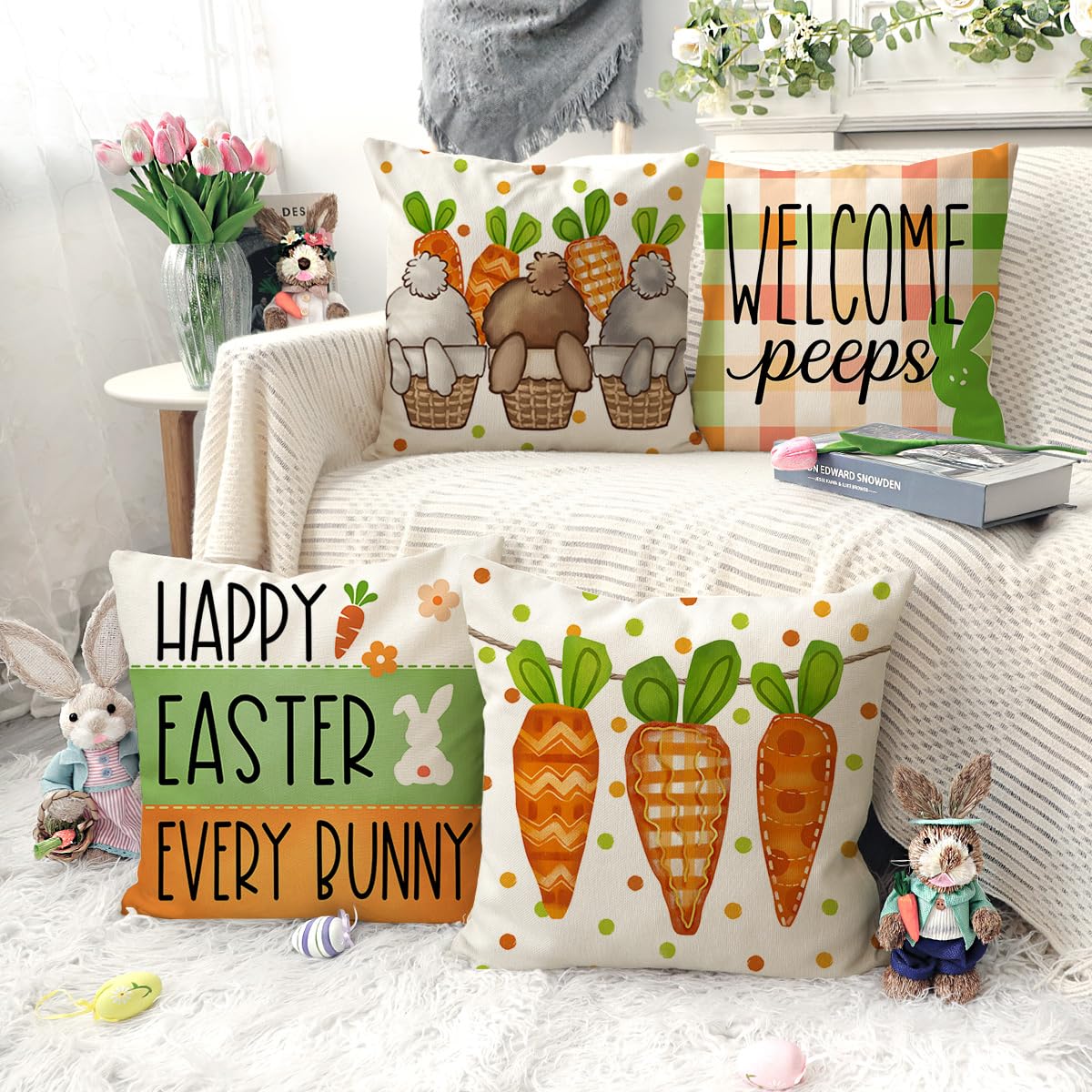 4TH Emotion Easter Pillow Covers 18x18 Set of 4, Welcome Peeps Bunny Carrots Farmhouse Decorations Spring Holiday Decor Throw Cushion Case for Home Couch TH210 1