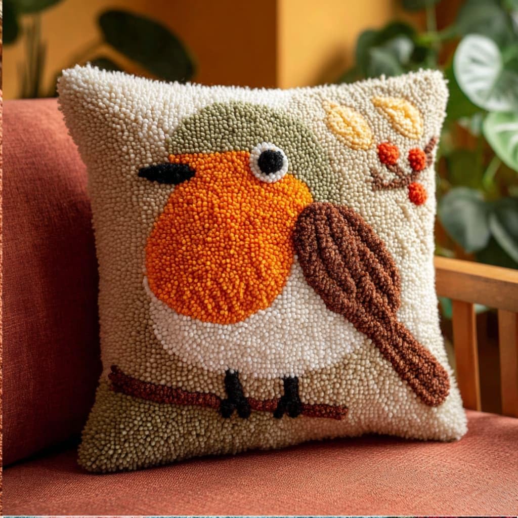 WallustrioaW Latch Hook Pillow Case Kits,Robin 17X17 Inch Latch Hook Cushion Cover Kit,Knitting Kits Cushion for Adults Rug Making Kit for Starters