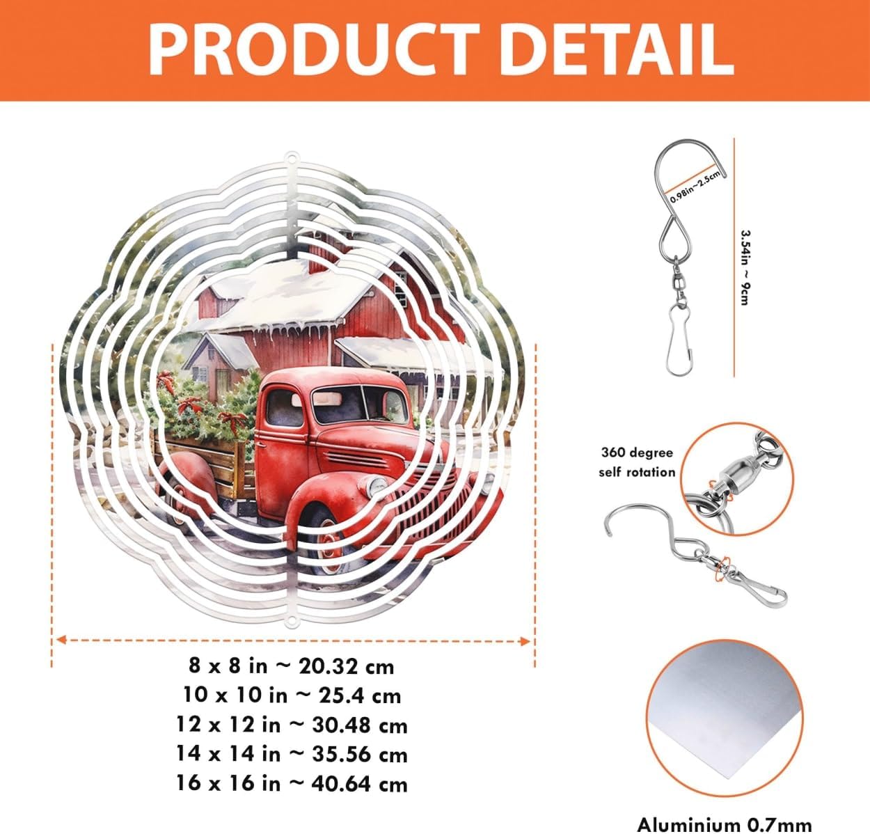 Red Truck Farmhouse Farmer Christmas Wind Spinners 3D Stainless Steel Laser Cut Metal Double Sided Printing-Hanging Indoor/Outdoor Decorations Yard Gardening Decor,Metal Kinetic Art 16x16 inches