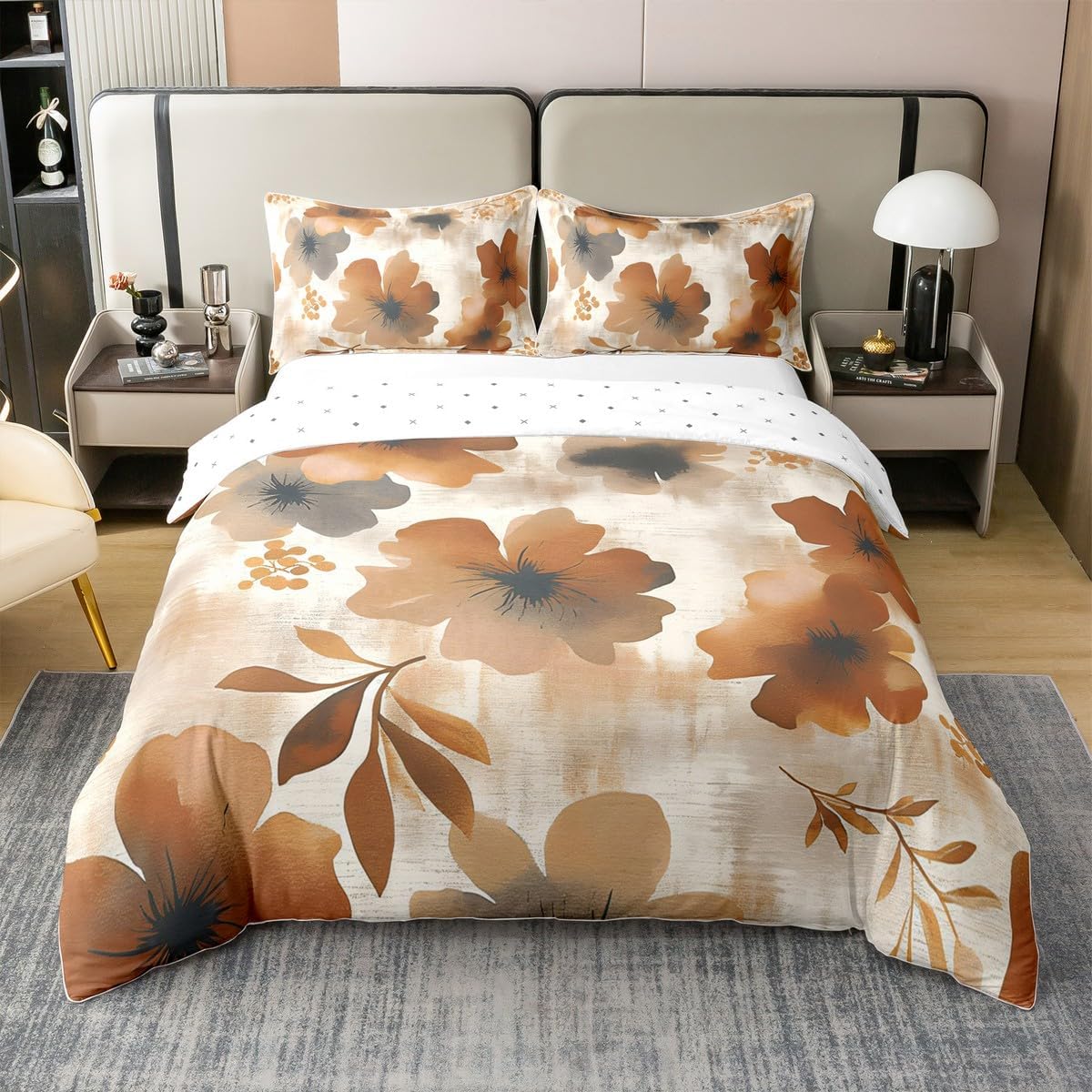 Feelyou Full Size Floral Cotton Duvet Cover Set for Kids Boys Girls Brown Flower Comforter Cover Set Blossom Flowers Watercolor Duvet Cover Bedspread Cover Bedding Collection,No Stuffing