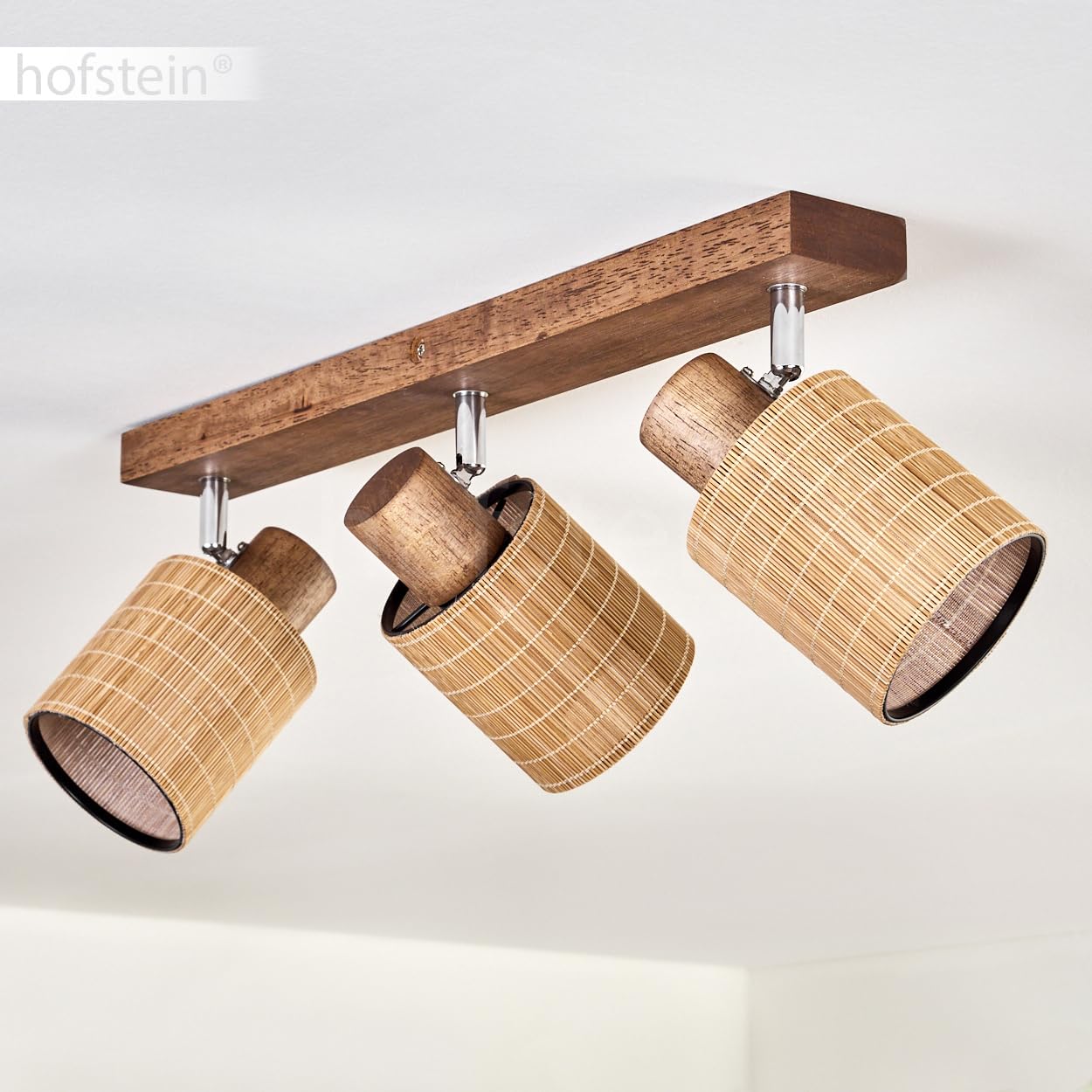 Lampada da soffitto Kinnared, lampada da soffitto moderna in legno/metallo/bambù in marrone scuro/cromo/naturale, lampada a 3 luci in design scandinavo con faretti regolabili, 3 x E14, senza lampadine