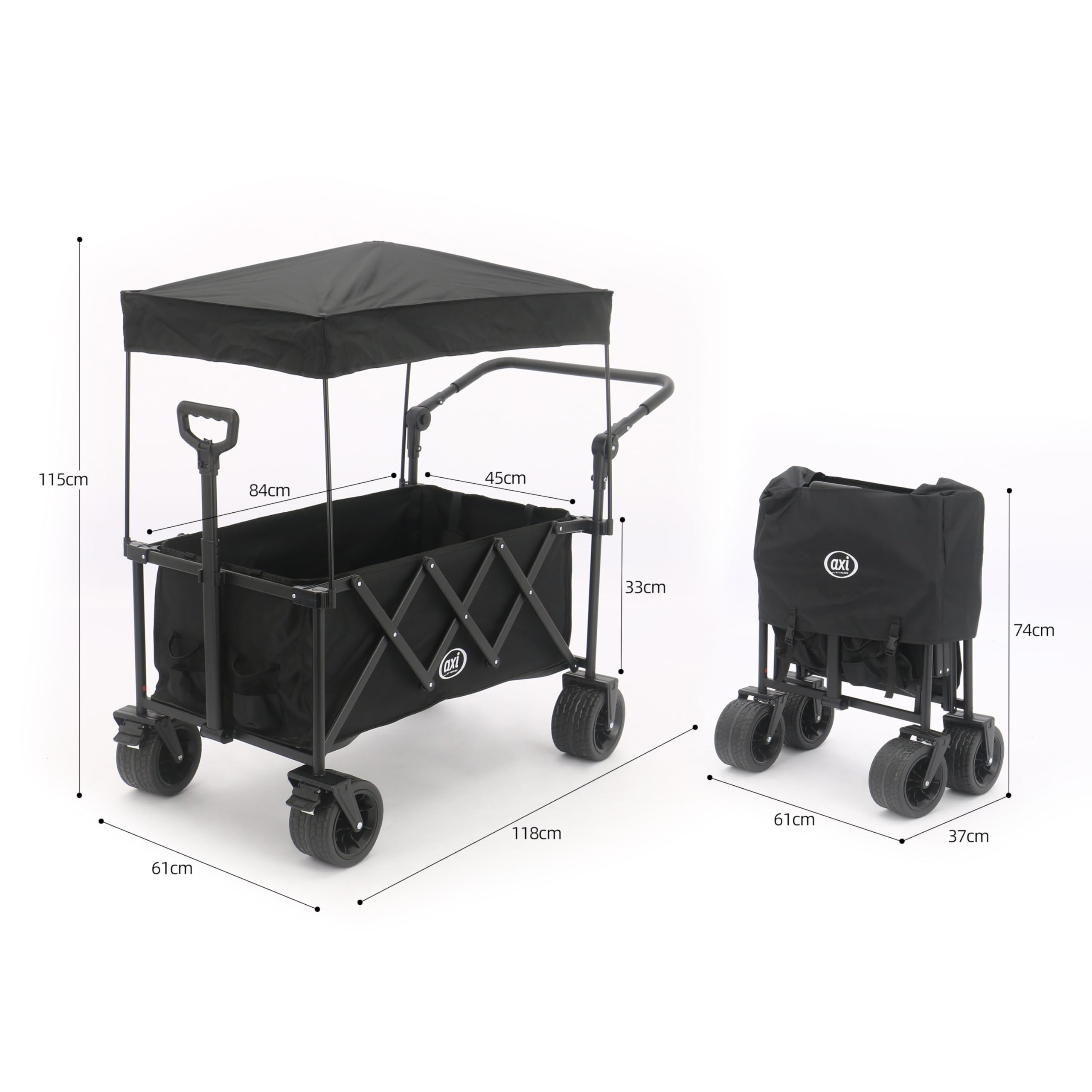 AXI SB221 Faltbarer Bollerwagen mit Dach in Schwarz | Handwagen Klappbar/Faltbar mit Zug- & Schiebestange, Gurt, Hülle, & Getränkehalter - PP Gummireifen | Kapazität: 130 l