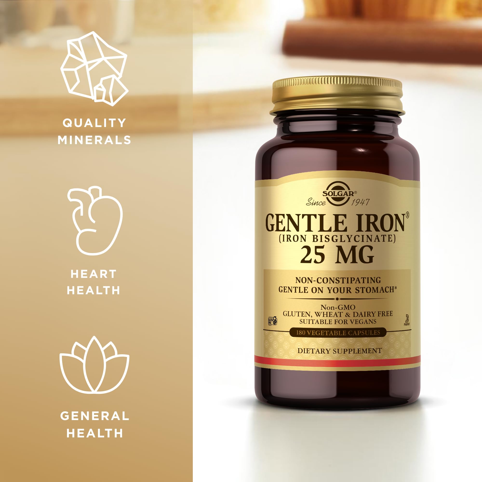 Solgar Gentle Iron (Iron Bisglycinate) 25 mg - 180 Vegetable Capsules - Non-Constipating, Gentle on Your Stomach - Non-GMO, Gluten Free - 180 Servings