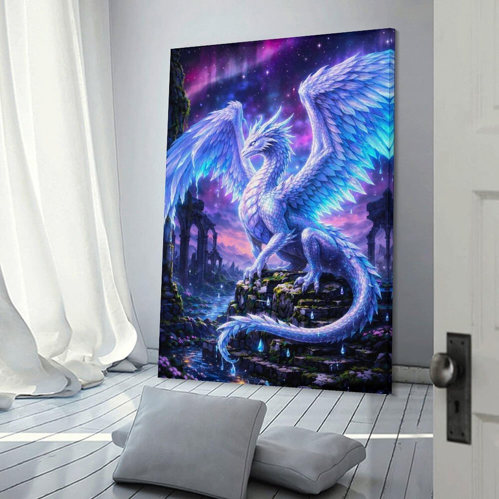 Junmoney Frame-Style-7 Room Decor Wall Art Majestic White Dragon In A Mystical Landscape, 20X30inch(50X75cm), For Office Decor, Home Working Or Creative Rooms, An Interior Accent For Desk Areas