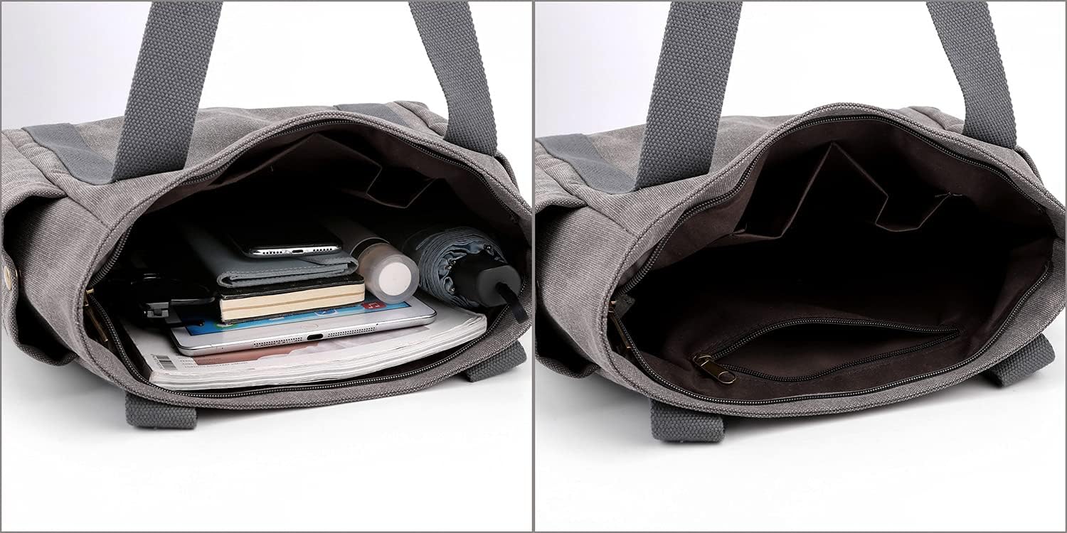 Women's Canvas Tote Handbags Multi-pocket Retro Casual Shoulder Bag Top Handle Satchel Tote Purse - Image 6