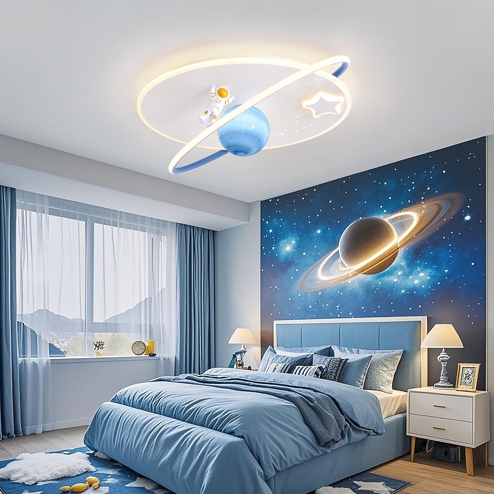 RRBEST LED Plafoniera Dimmerabile Bambini, Lampada da Soffitto con Telecomando, Lampada Soffitto Camera da Letto Astronauta, Lampada da Creativa per Bambino Ragazzi, 3000-6000K, Ø50CM