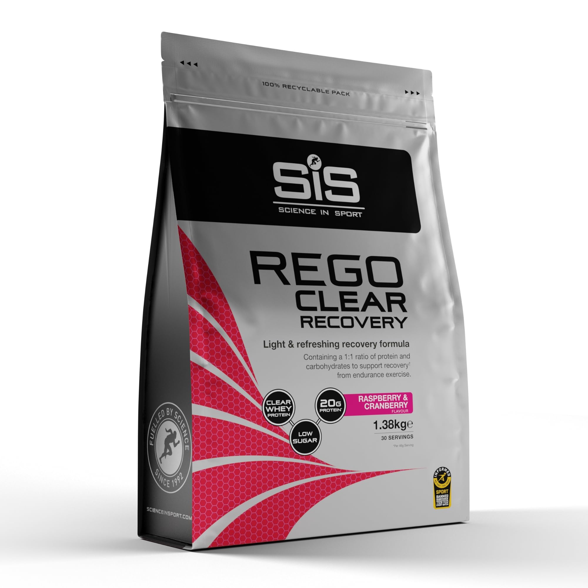 Rego Clear Recovery | 20g Protein | 21g Carbohydrates | 1:1 Ratio | Refreshing Recovery Drink | Whey Protein Powder | Low Sugar | Raspberry & Cranberry Flavour | 30 Servings | 1.38kg