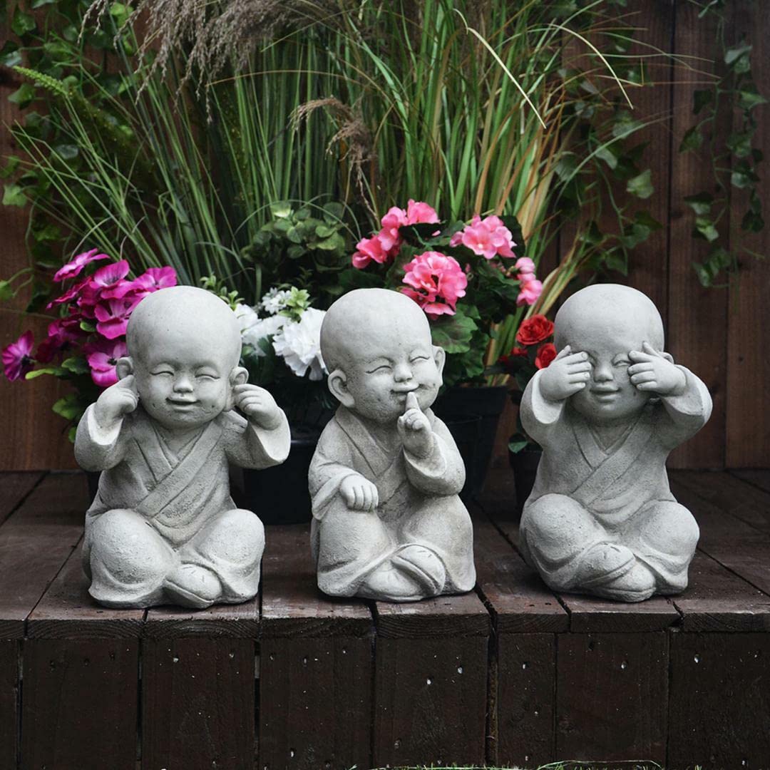 3pc Cute Monk Statues Hear See Speak No Evil Solid Stone Cast UK Handmade 28cm