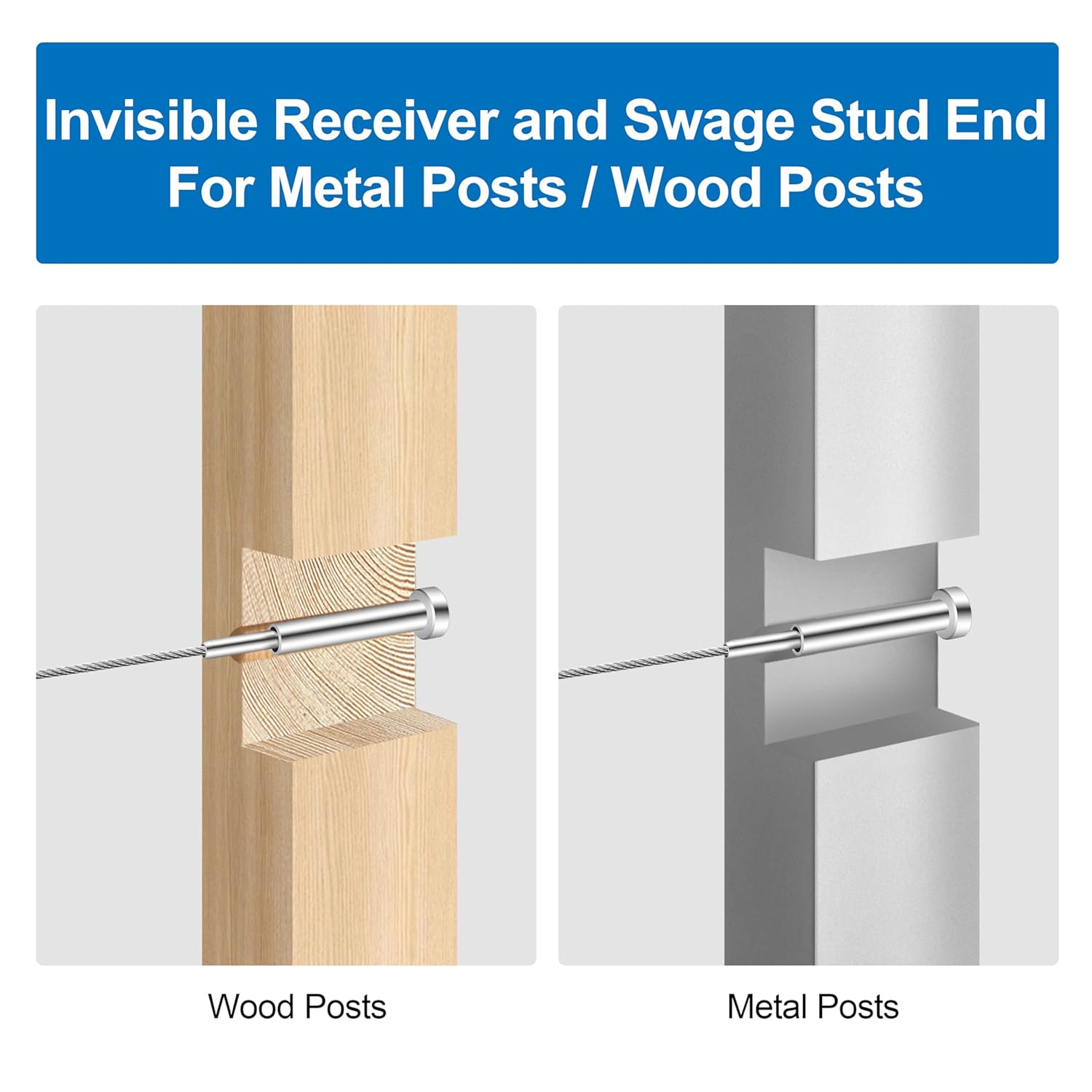 20 Pack Invisible Cable Railing Kit 1/8" Cable Railing Tensioner Invisible Receiver and Swage Stud End for Cable Railing Hardware, T316 Swage Tensioner and Terminal Hidden for 4x4 2x2 Wood/Metal Post