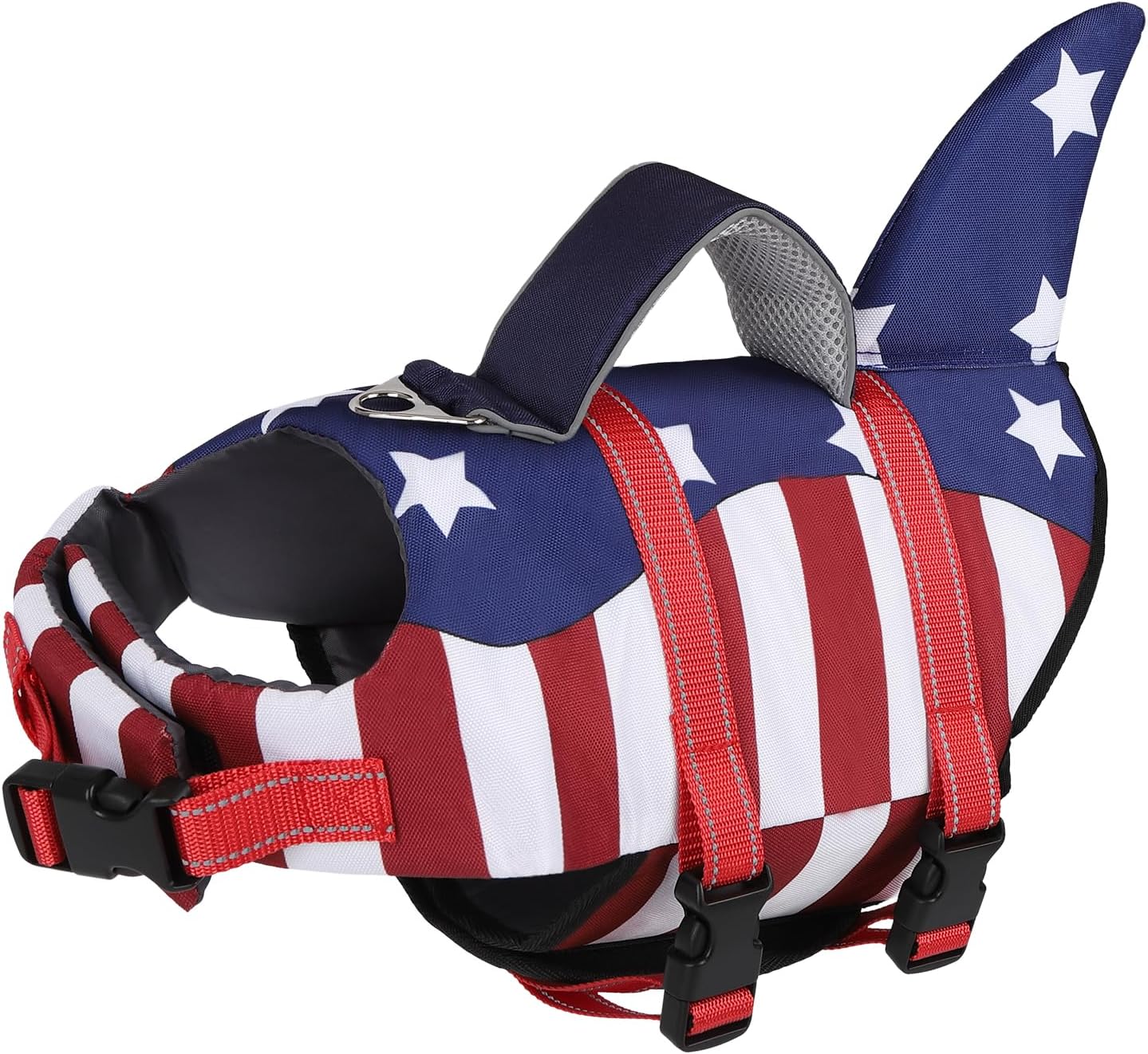 TDTOK Dog Life Jacket Shark Fin American Flag Pattern with Rescue Handle and Reflective Stripes Suitable for 4th of July, High Buoyancy Life Safety Vest for Dogs Swimming and Boating