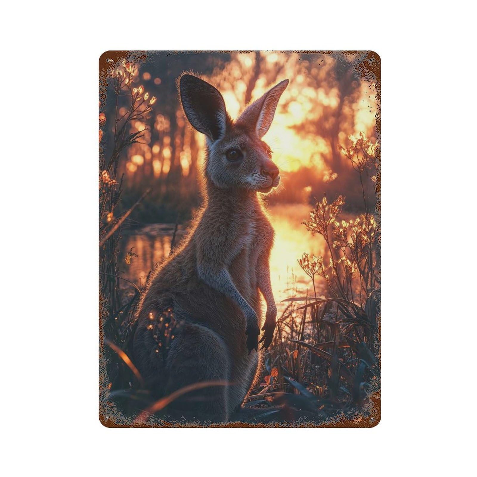 Rust Effect Tin Sign with Kangaroo in Golden Sunset Light Design 15.7"x11.8", for Pub, Kitchen And Man Cave Decor, Industrial Home Decor