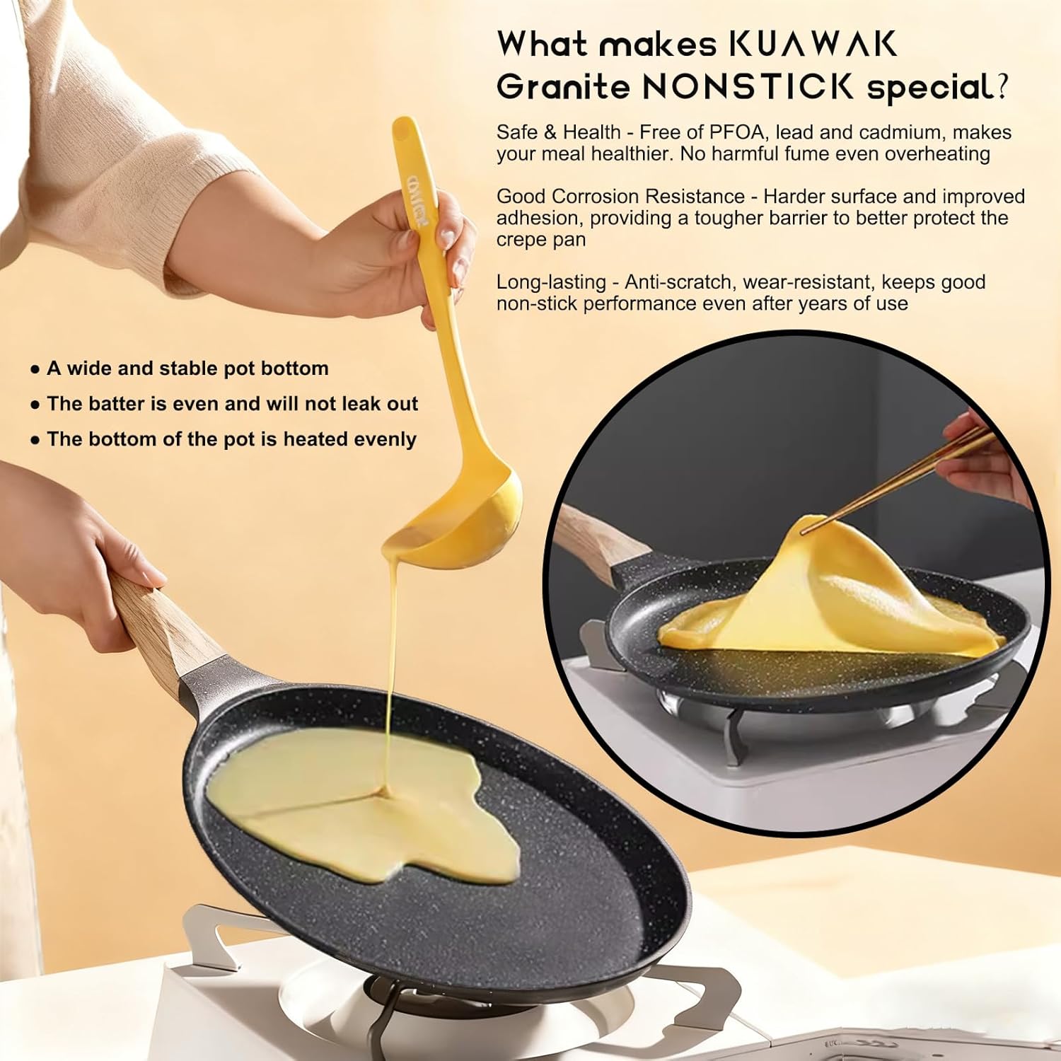 11.2” Crepe Pan Nonstick，Granite Coating Dosa Pan Pancake Flat Skillet Tawa Griddle,Scone Pan,With Stay-Cool Handle, Induction Compatible, PFOA Free