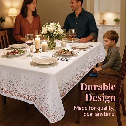 Vista 22 de Prestee Manteles redondos de plástico de 84 pulgadas, paquete de 24 manteles desechables de color blanco para fiestas, manteles redondos