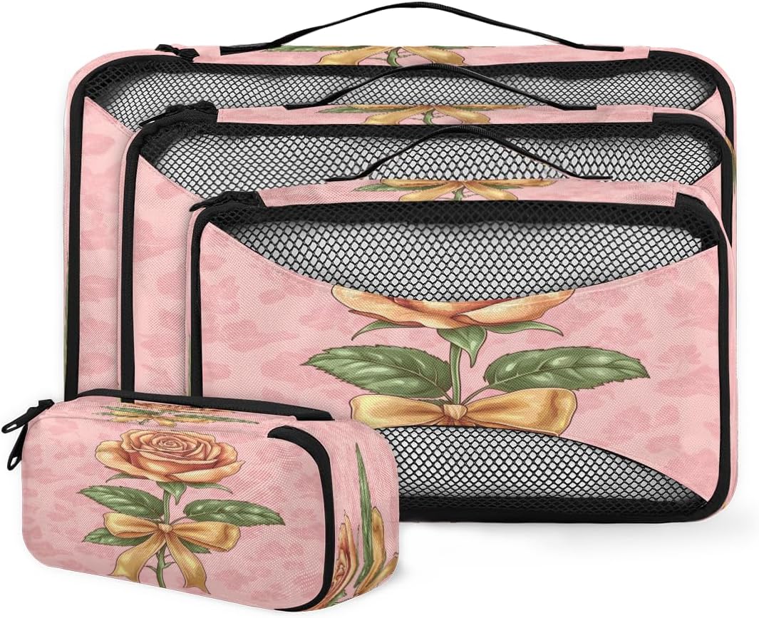 Roses Bows Pattern 4 Set Packing Cubes Packing Cubes for Women Lightweight Travel Essential Bag Clothes Carry on Suitcase Bags for Accessories Essentials