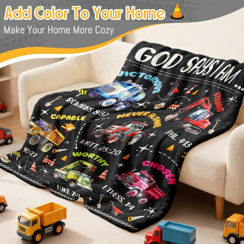 Kids Christian Truck Blanket for Boys - God Says I Am Construction Trucks Bible Verse Gifts for Truck Tractor Lovers Toddlers - Super Soft Flannel Throw Sheets 50" x 40" Decor for Crib Nap Couch Sofa - Image 6
