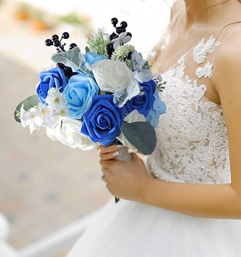 Miniatura 3 de HYUZO Flores artificiales de rosas azules, 25 unidades, flores falsas, perfectas para bricolaje, bodas, damas de honor, ramos de novia, centros de