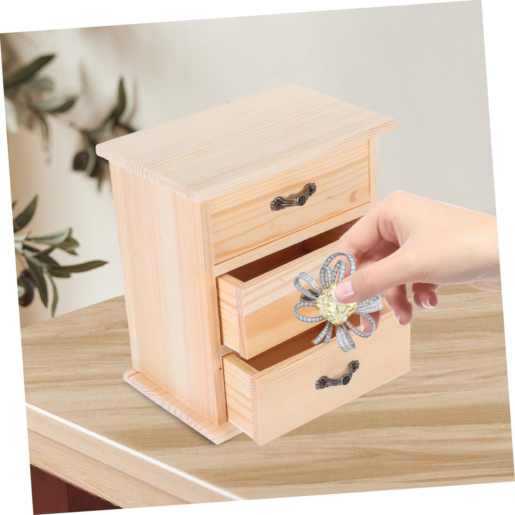 Holz Schreibtisch Organizer mit DREI Schubladen Kleiner Holzschrank für Büro Stilvoller Miniatur Aufbewahrungsbox für Schmuck und Kleinteile Praktischer Schubladen Organizer für