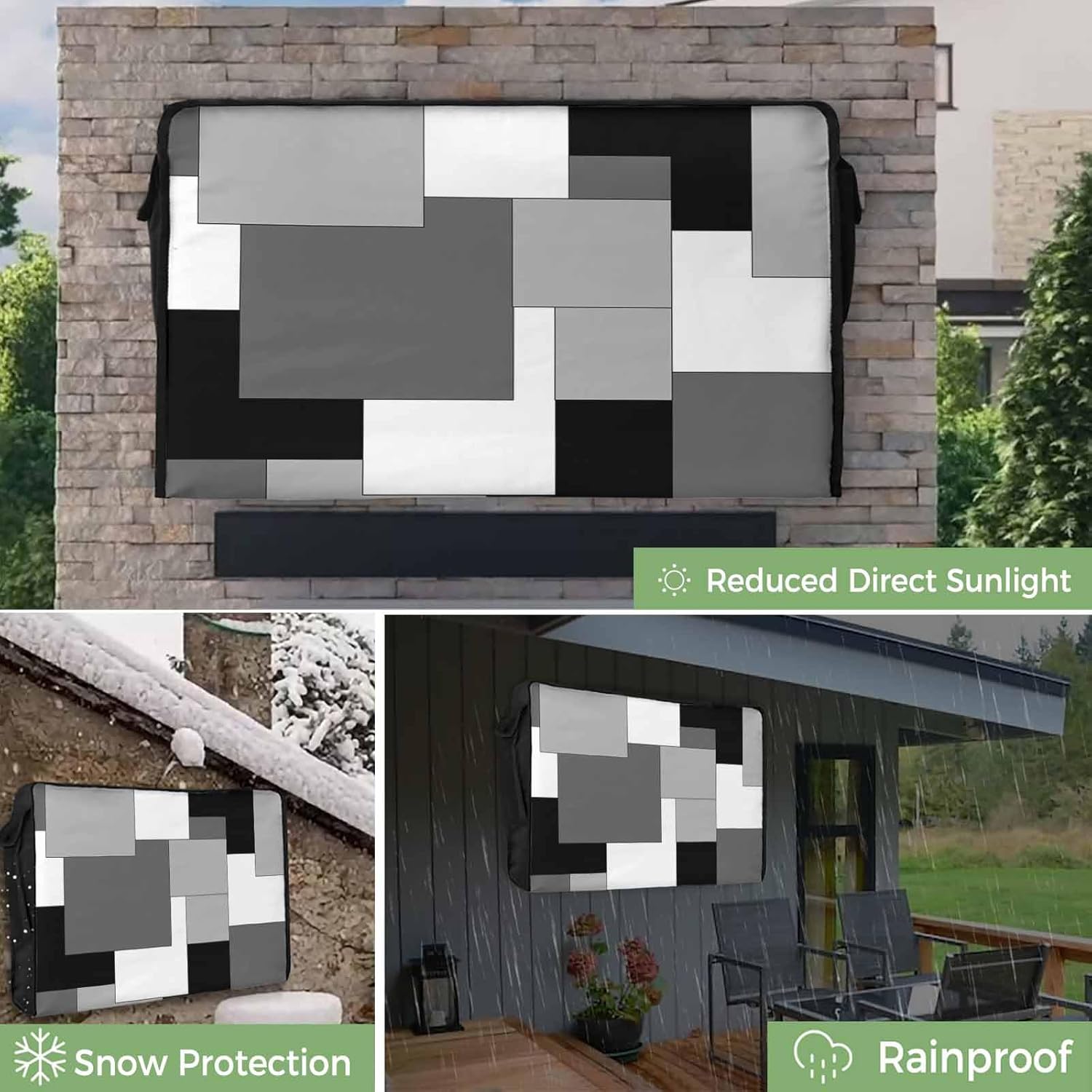 Outdoor TV Cover 65 Inch Abstract Modern Geometric TV Enclosure Black White Grey TV Covers for Outside TV Display Screen Protector with Remote Control Pocket Home Decor